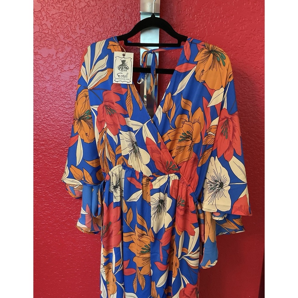Easel Tropical Print Jumpsuit M Pockets Wide Leg, orange & blue, open back, NWT